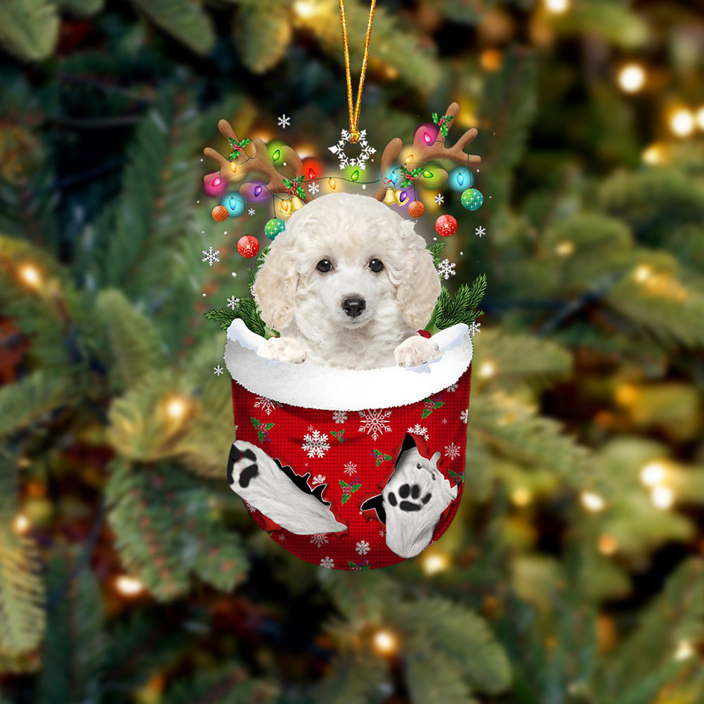WHITE Toy Poodle In Snow Pocket Christmas Ornament Flat Acrylic Dog Ornament