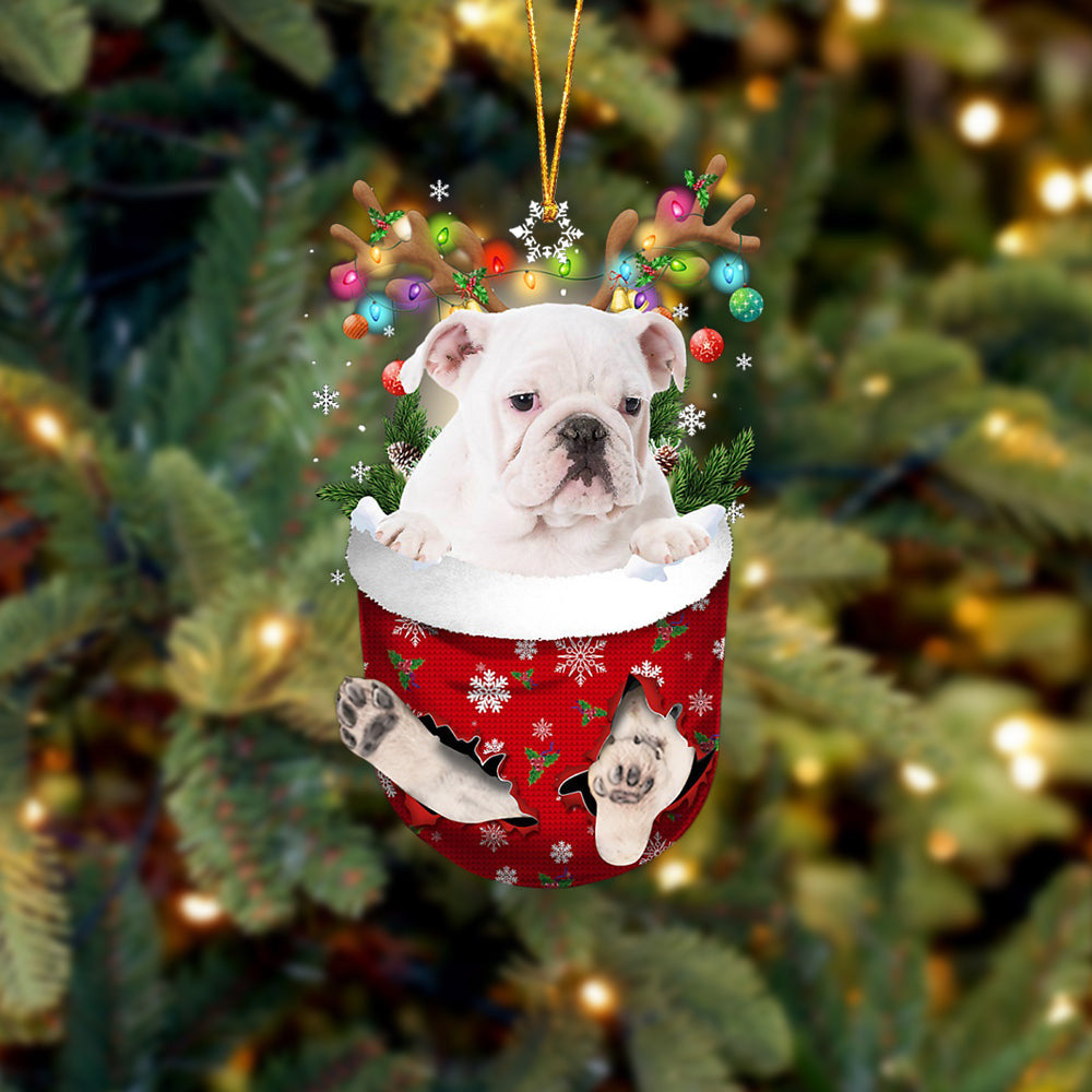 WHITE English Bulldog In Snow Pocket Christmas Ornament Flat Acrylic Dog Ornament