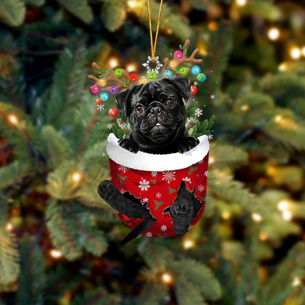 BLACK Pug In Snow Pocket Christmas Ornament Flat Acrylic Dog Ornament
