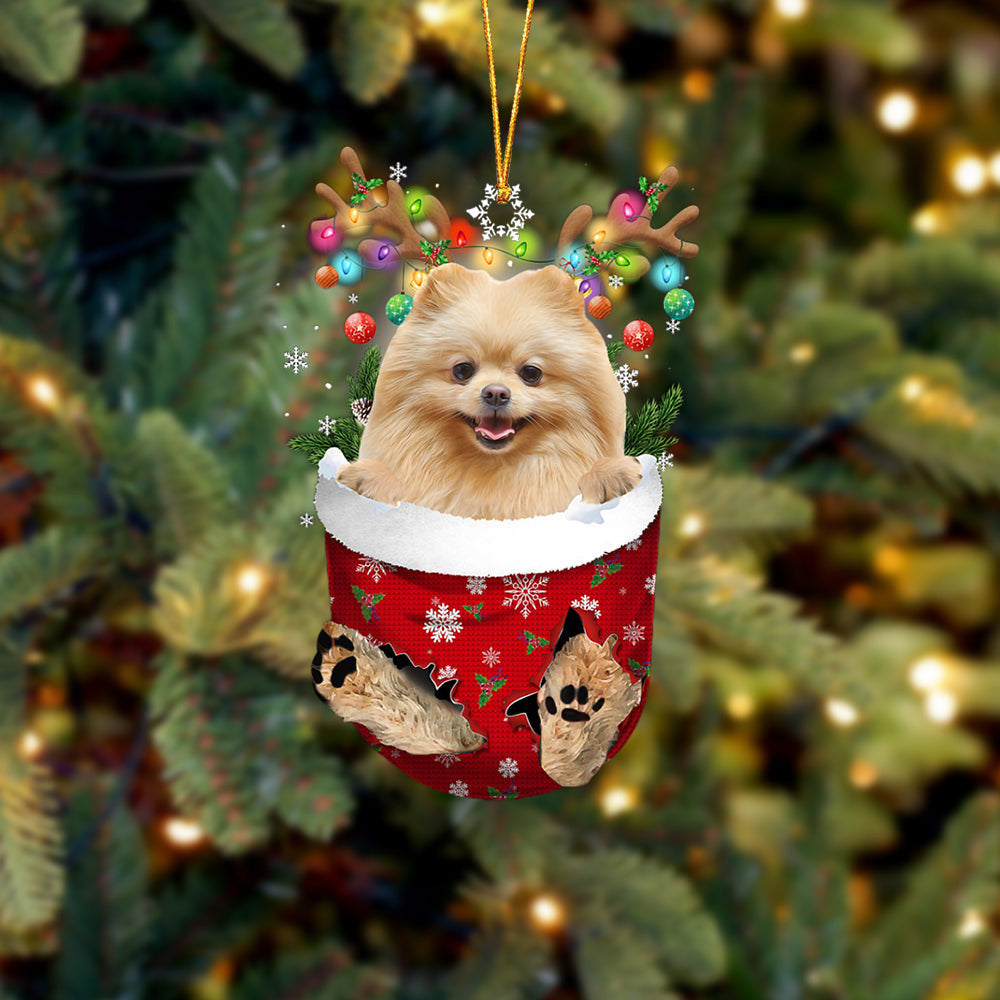 CREAM Pomeranian In Snow Pocket Christmas Ornament Flat Acrylic Dog Ornament