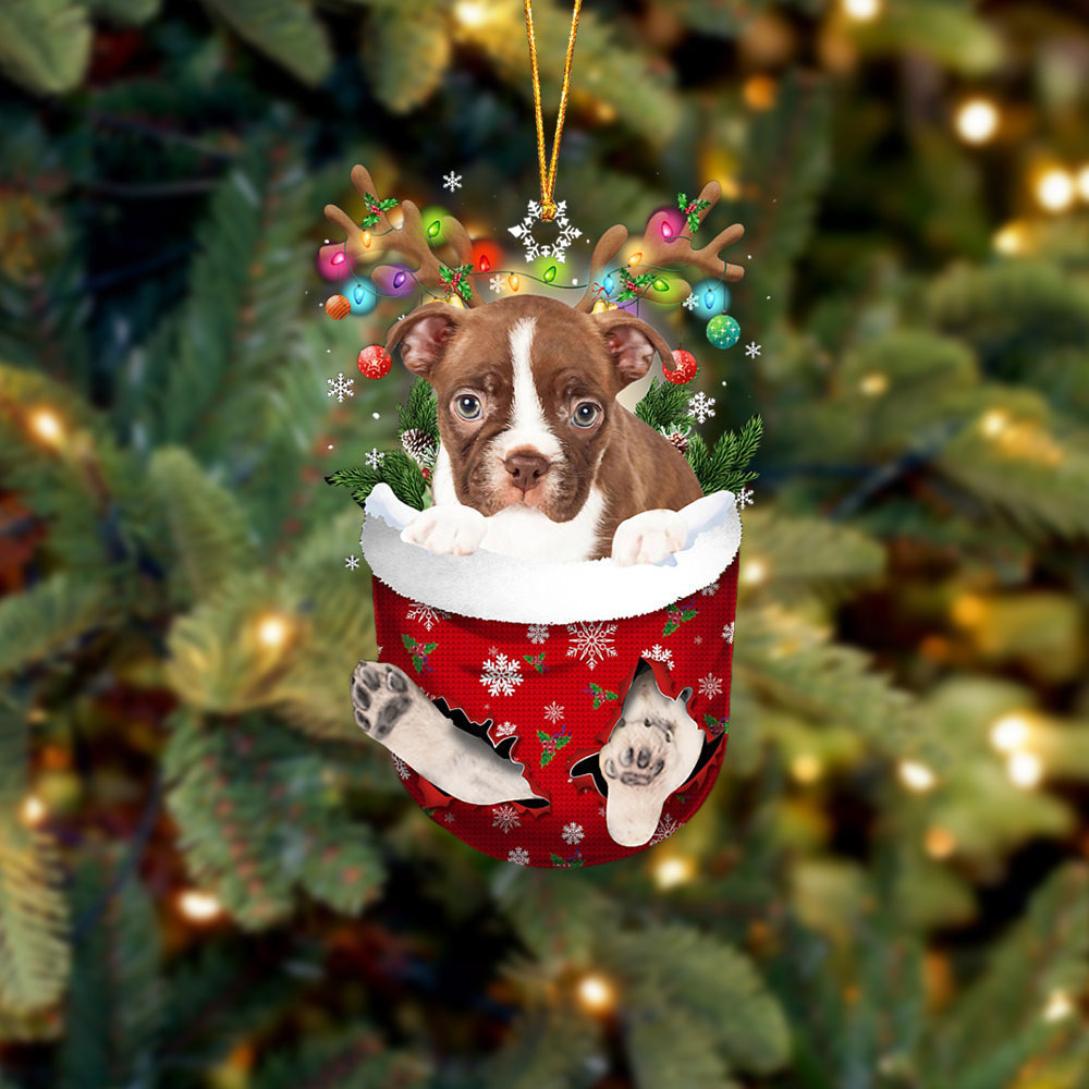 RED Boston Terrier In Snow Pocket Christmas Ornament Flat Acrylic Dog Ornament