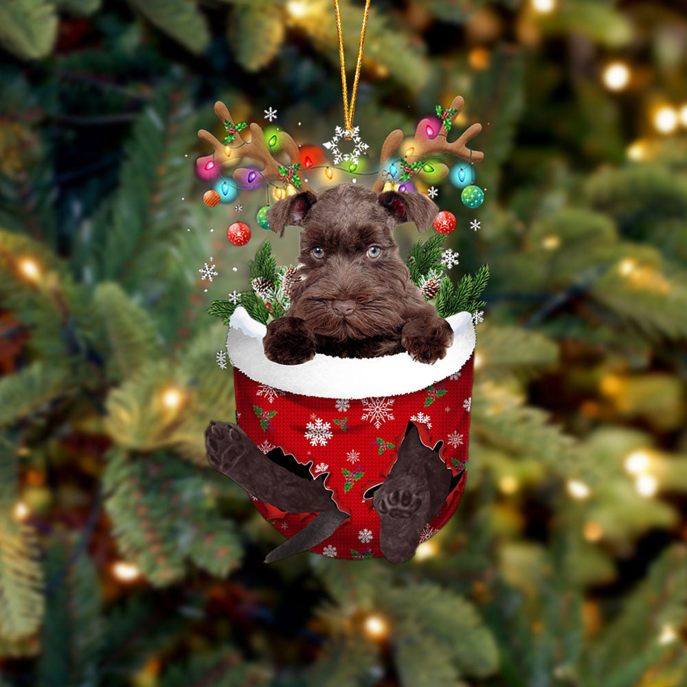CHOCOLATE Miniature Schnauzer In Snow Pocket Christmas Ornament Flat Acrylic Dog Ornament