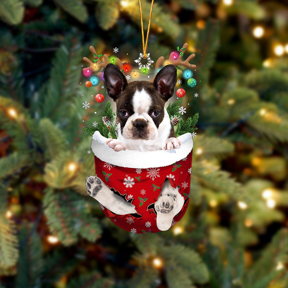 BRINDLE Boston Terrier In Snow Pocket Christmas Ornament Flat Acrylic Dog Ornament