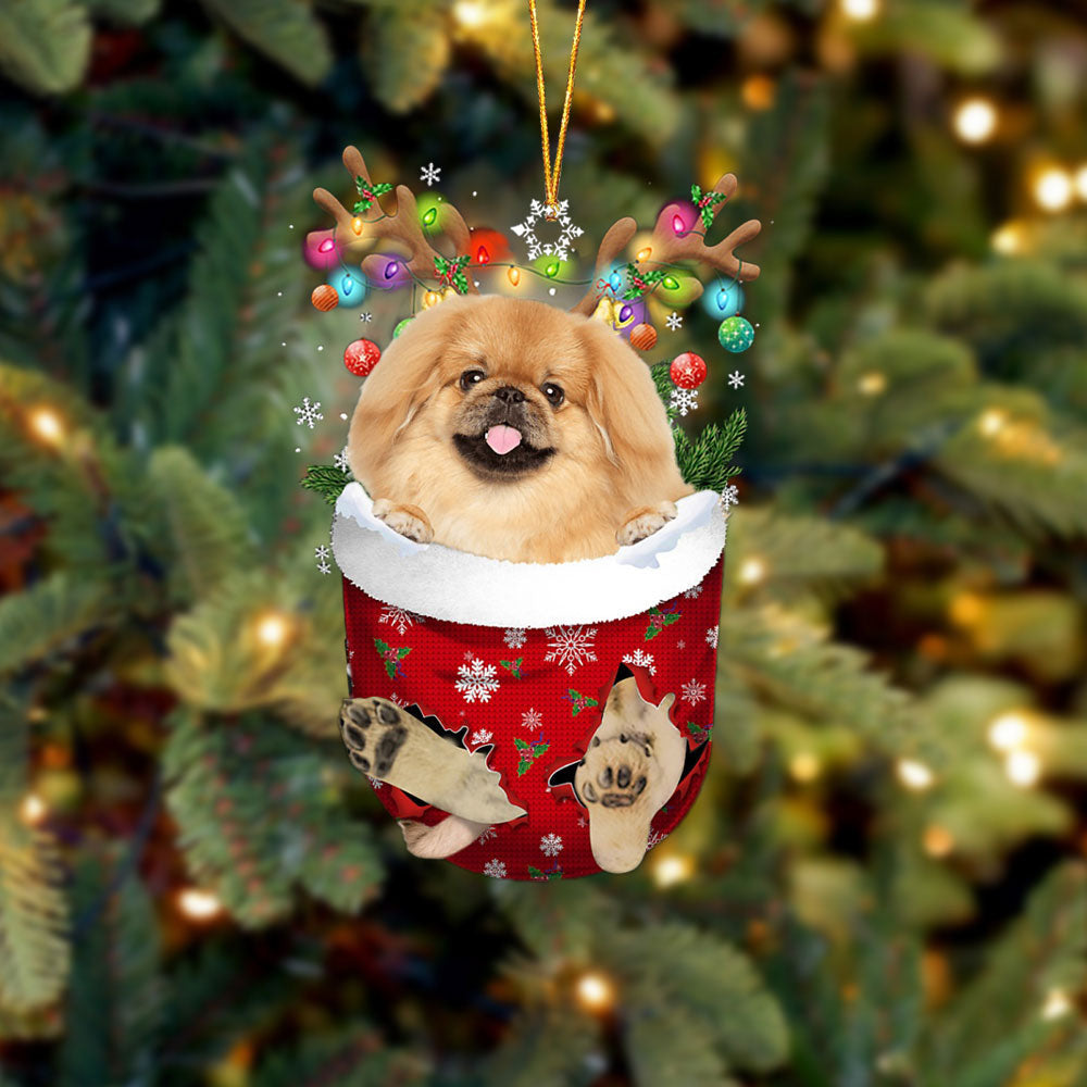 TAN Pekingese In Snow Pocket Christmas Ornament Flat Acrylic Dog Ornament