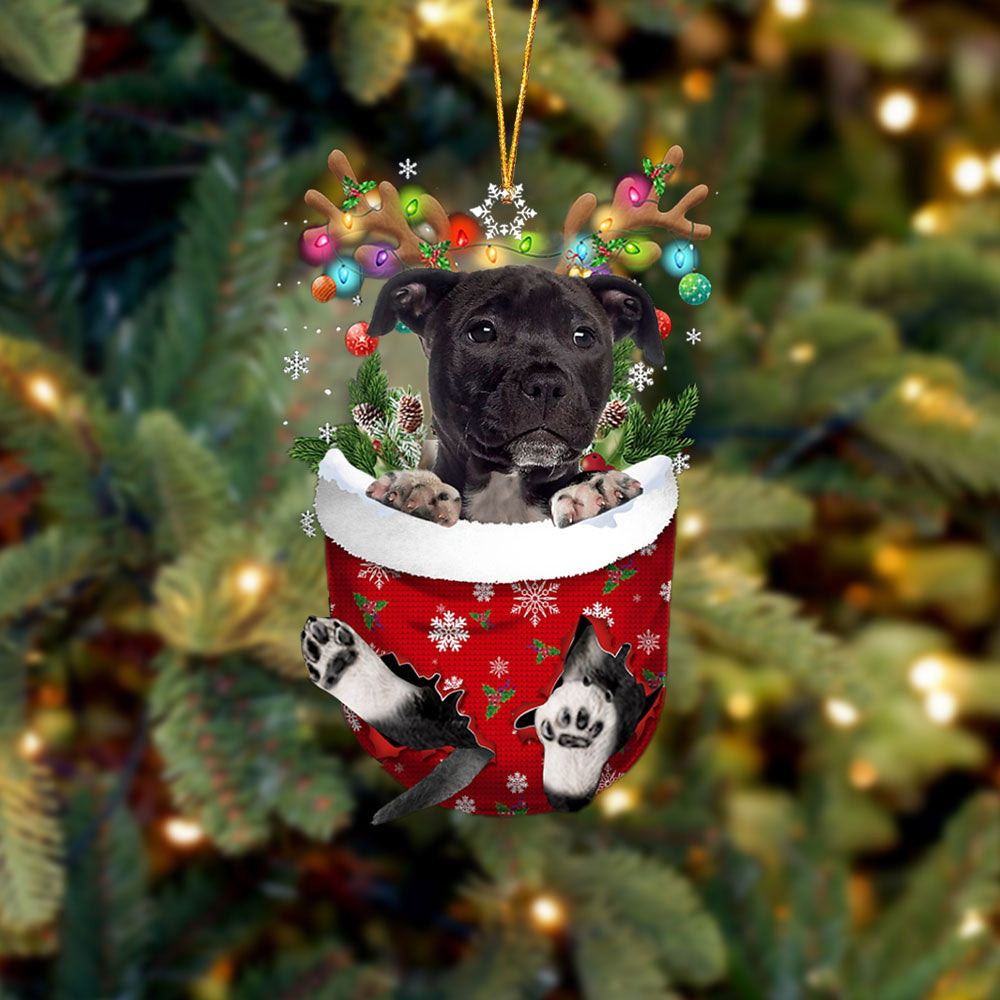 BLACK American Staffordshire Terrier In Snow Pocket Christmas Ornament Flat Acrylic Dog Ornament