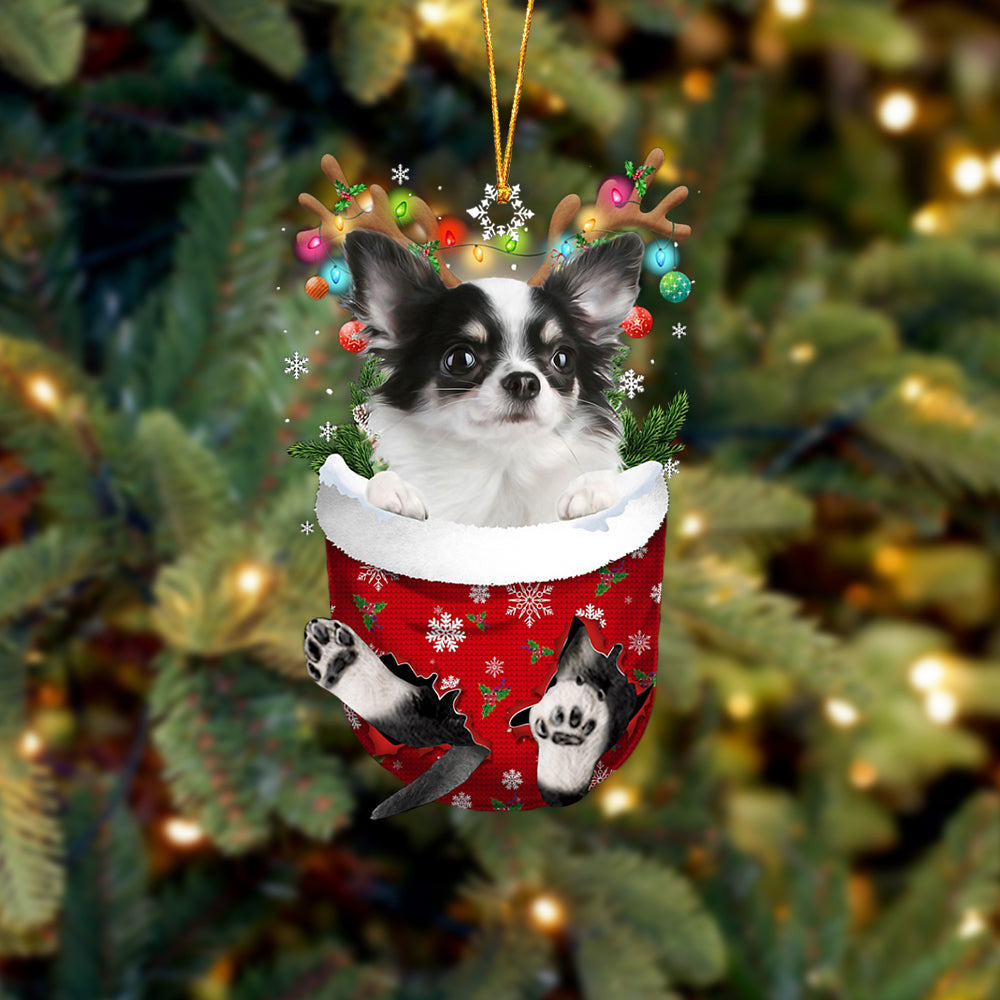 Long haired white Chihuahua In Snow Pocket Christmas Ornament Flat Acrylic Dog Ornament