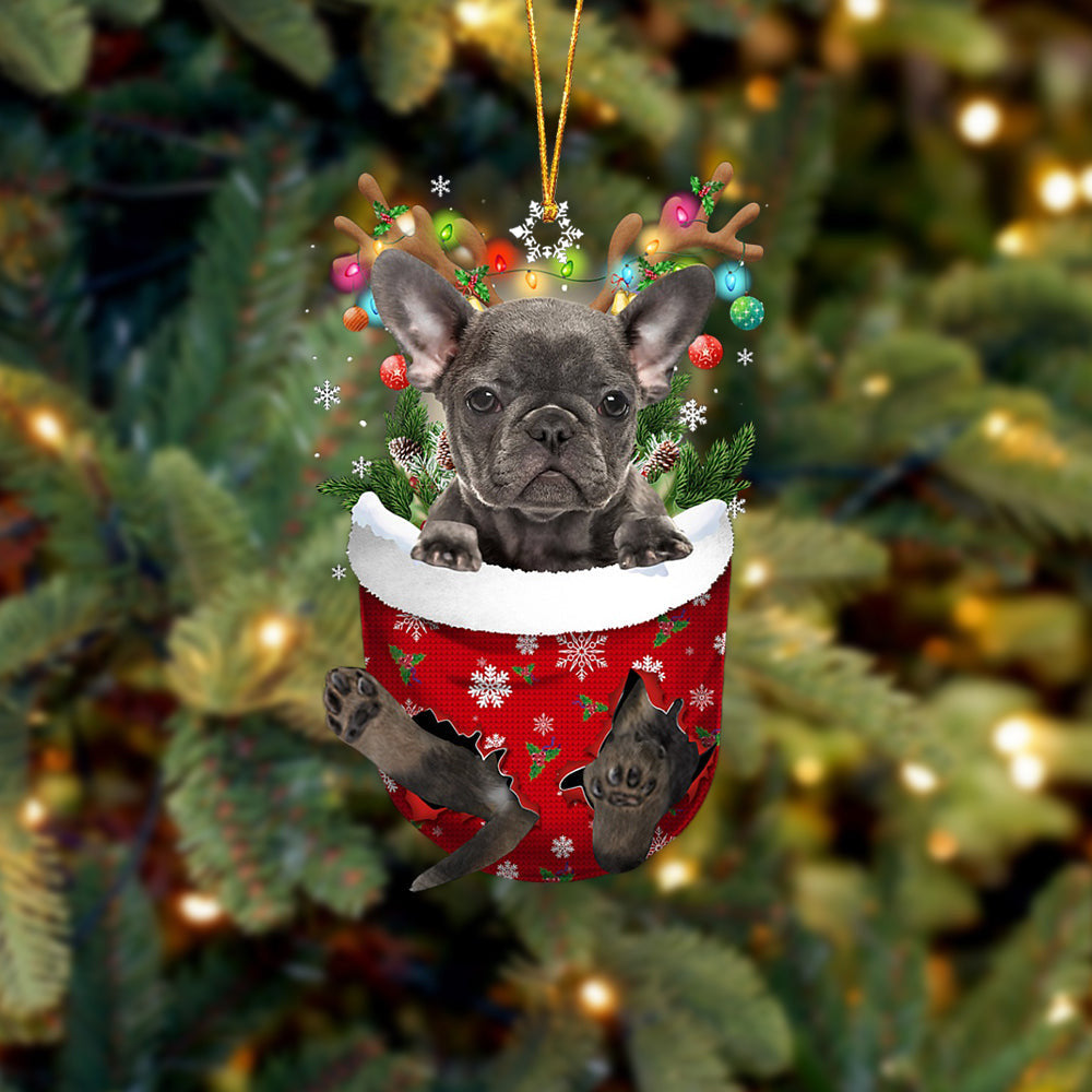 Grey French Bulldog In Snow Pocket Christmas Ornament Flat Acrylic Dog Ornament