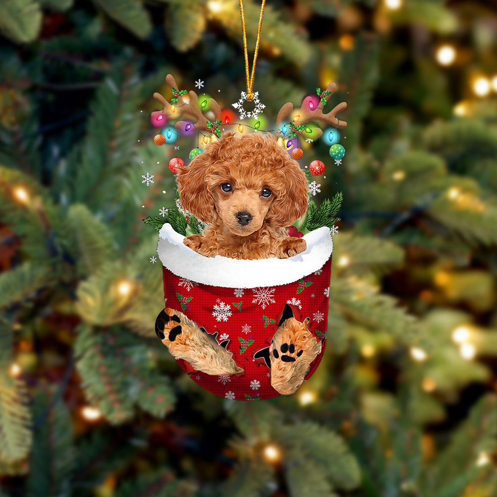 RED Toy Poodle In Snow Pocket Christmas Ornament Flat Acrylic Dog Ornament