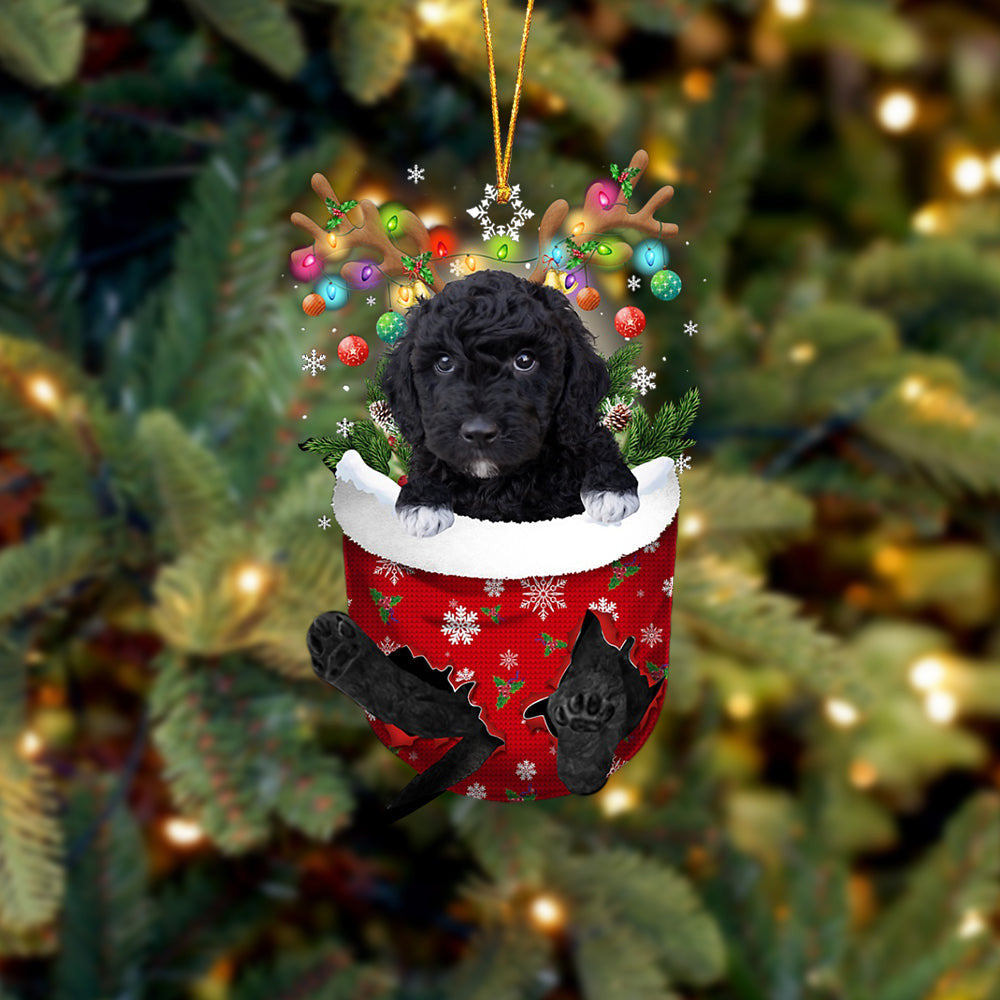 BLACK Goldendoodle In Snow Pocket Christmas Ornament Flat Acrylic Dog Ornament