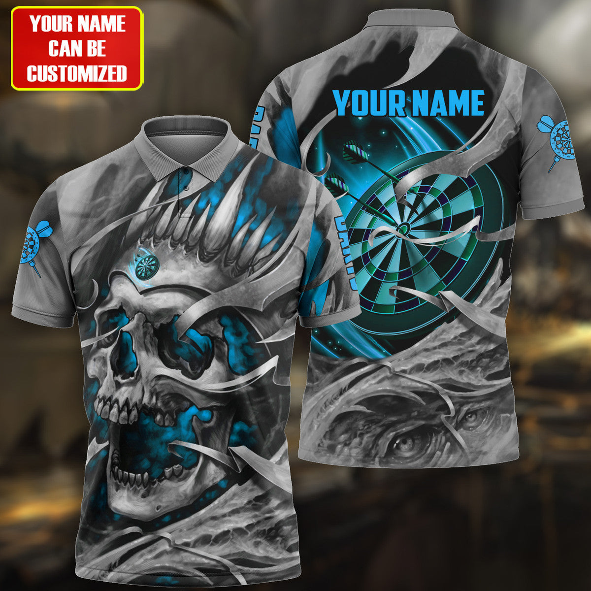 Personalized Name Multicolor Teal Skull Darts All Over Printed Unisex Shirt/ Uniform Shirt Dart Team