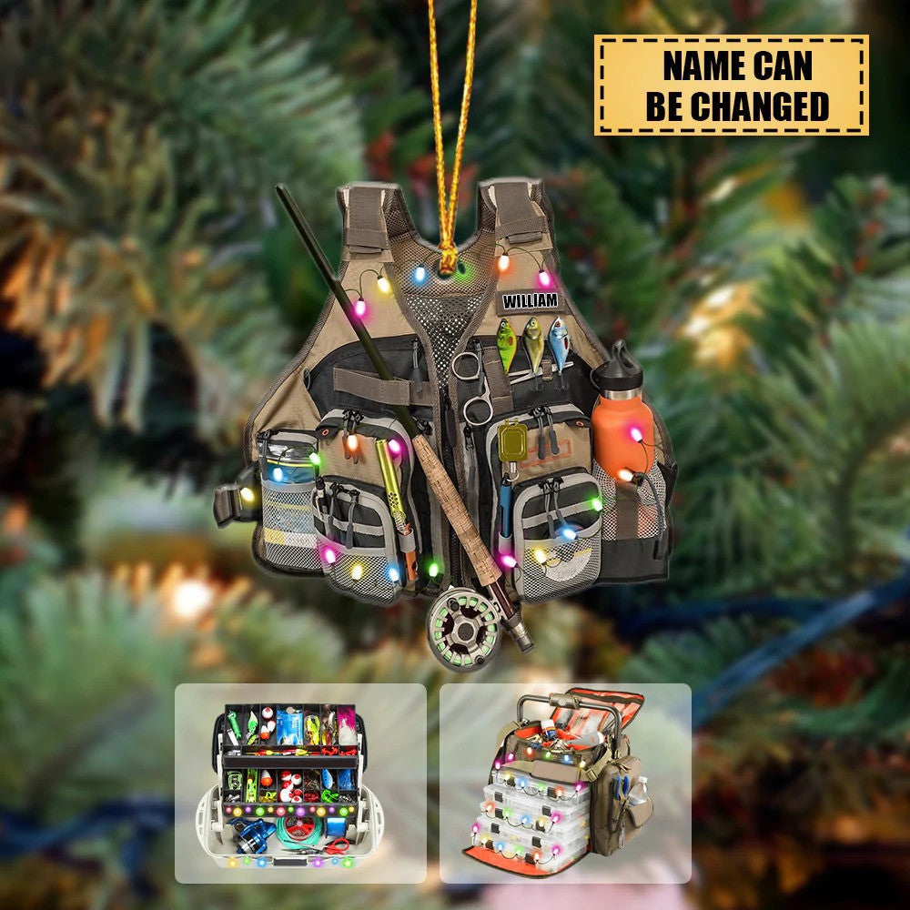 Personalized Fishing Vest And Tackle Box Christmas Ornament Flat Acrylic Fishing Ornament