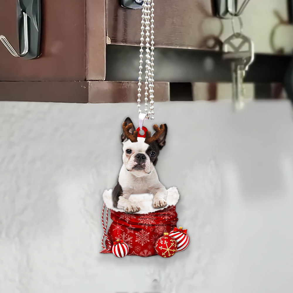 Boston Terrier In Snow Pocket Christmas Car Hanging Ornament Coolspod Ornaments