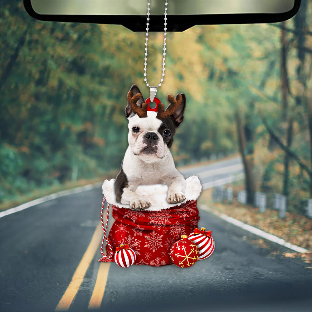 Boston Terrier In Snow Pocket Christmas Car Hanging Ornament Coolspod Ornaments