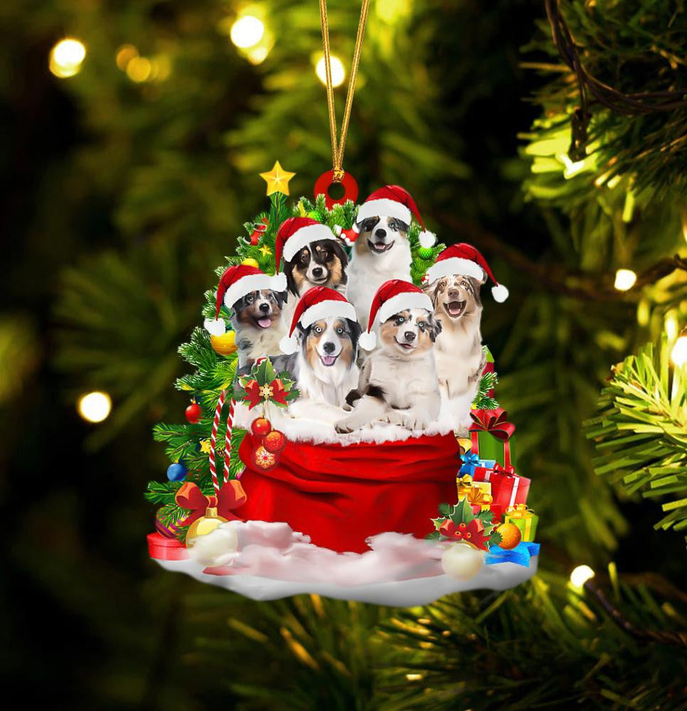 Australian Shepherd Dogs In A Gift Bag Christmas Ornament Flat Acrylic Dog Ornament