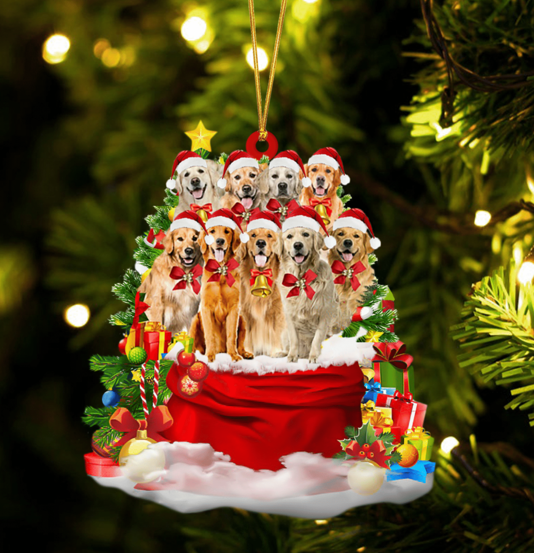 Golden Retriever Dogs In A Gift Bag Christmas Ornament Flat Acrylic Dog Ornament