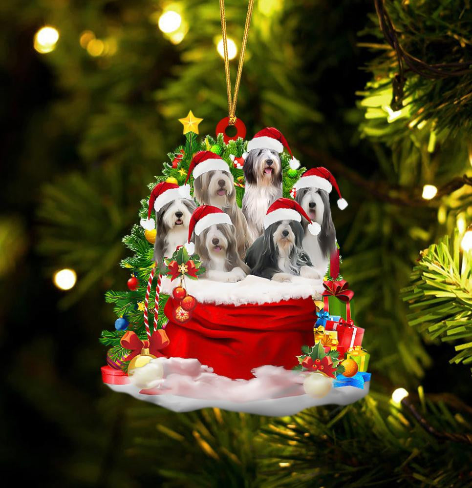 Bearded Collie Dogs In A Gift Bag Christmas Ornament Flat Acrylic Dog Ornament