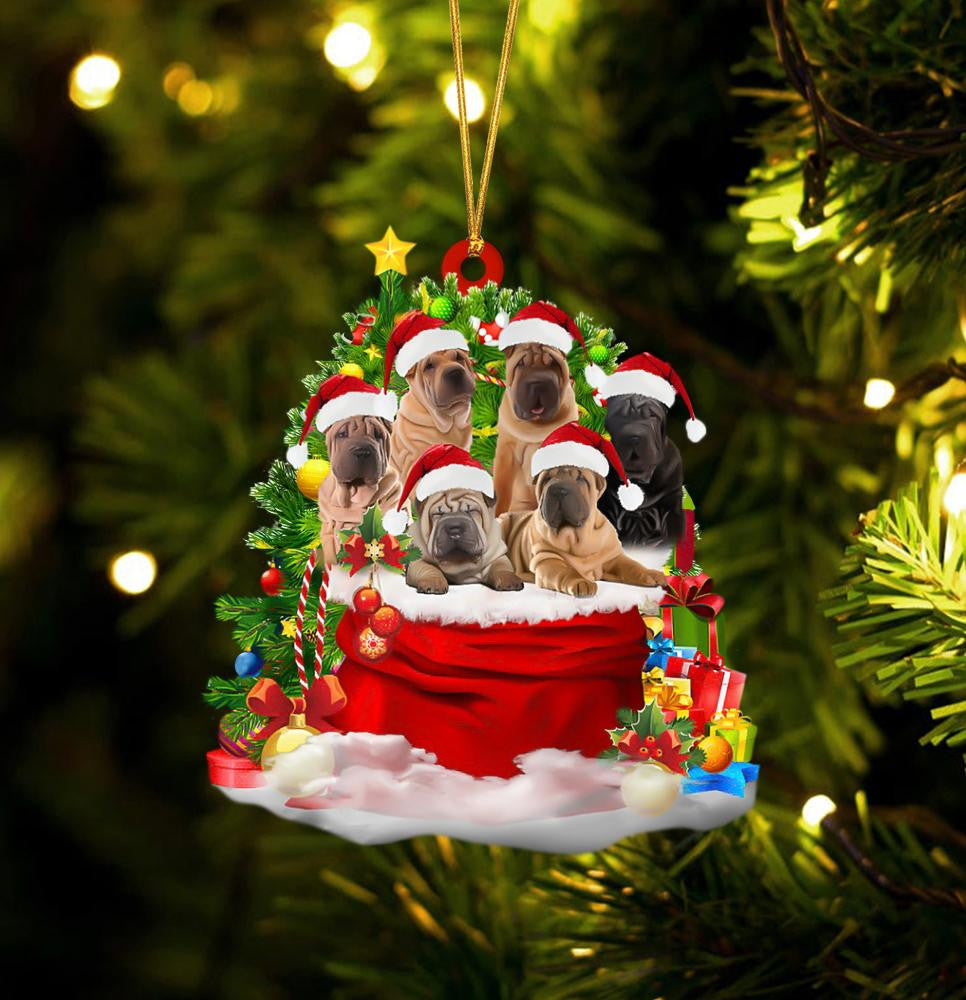 Shar pei Dogs In A Gift Bag Christmas Ornament Flat Acrylic Dog Ornament