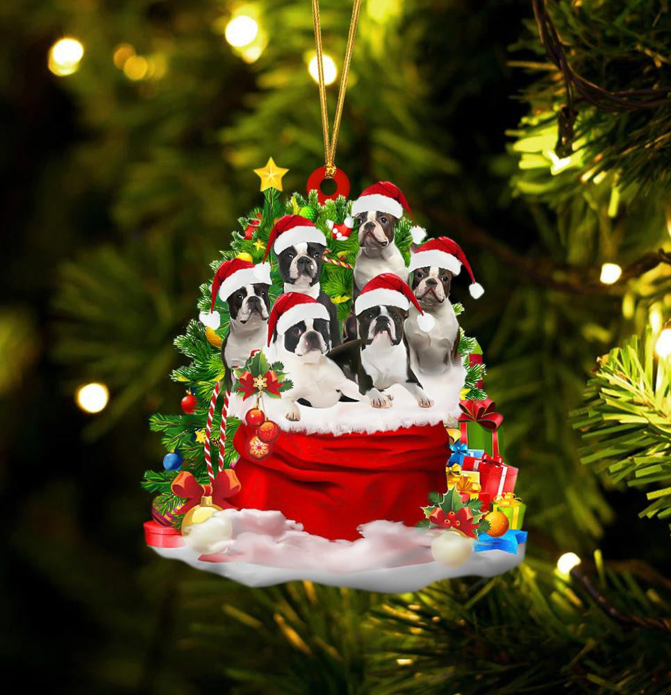 Boston Terrier Dogs In A Gift Bag Christmas Ornament Flat Acrylic Dog Ornament