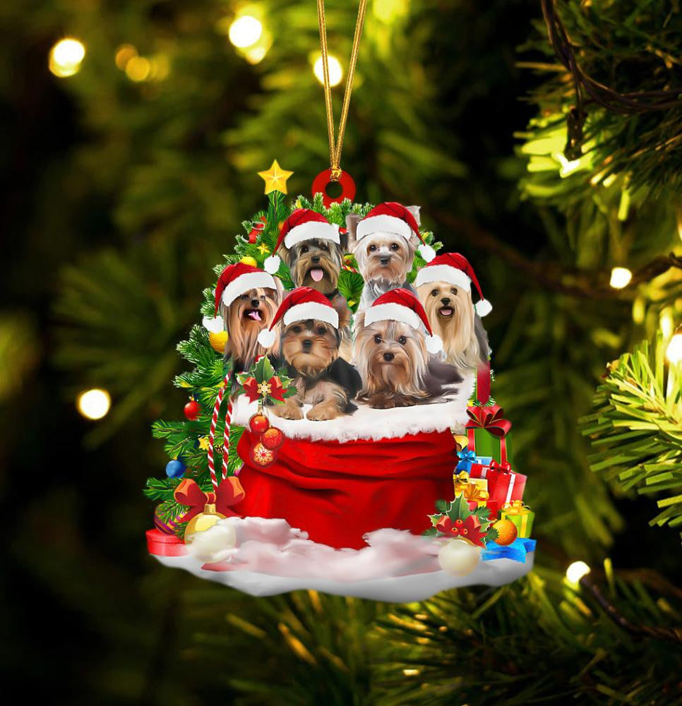 Yorkshire Terrier Dogs In A Gift Bag Christmas Ornament Flat Acrylic Dog Ornament