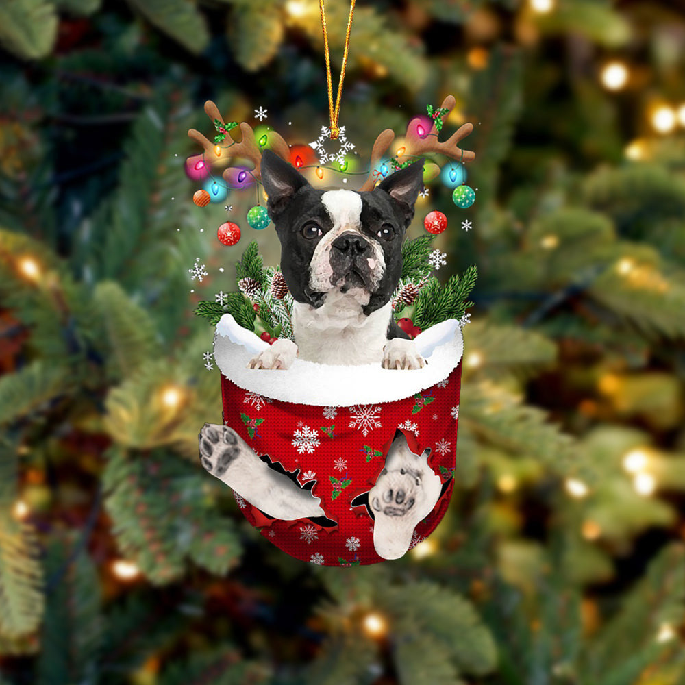 Black Boston Terrier In Snow Pocket Christmas Ornament Flat Acrylic Dog Ornament