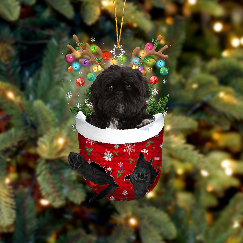 Black Shih Tzu In Snow Pocket Christmas Ornament Flat Acrylic Dog Ornament