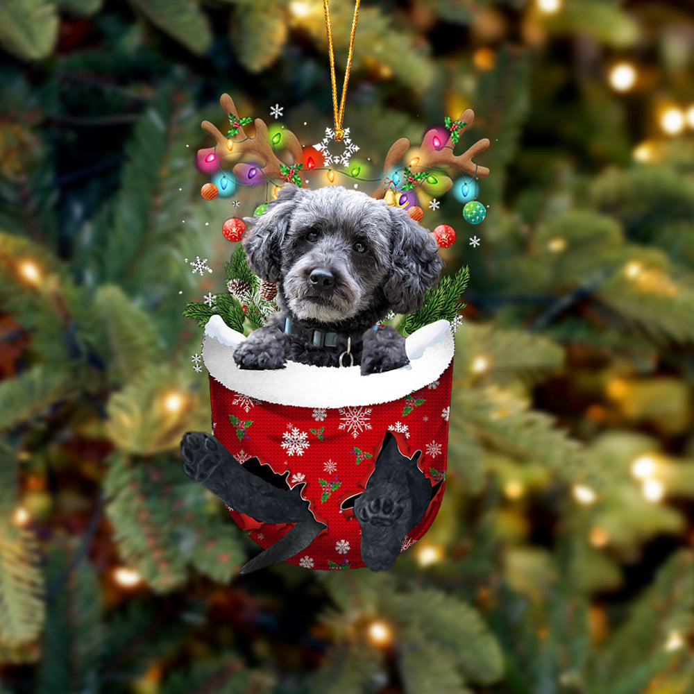 Grey Schnoodle In Snow Pocket Christmas Ornament Flat Acrylic Dog Ornament