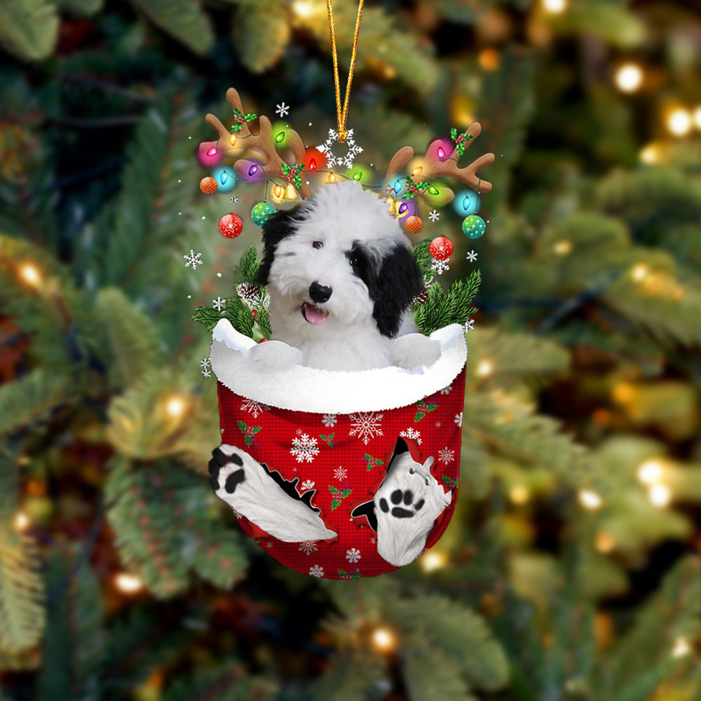 Sheepadoodle In Snow Pocket Christmas Ornament Flat Acrylic Dog Ornament
