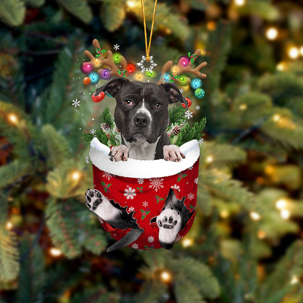 Black American Pitbull Terrier In Snow Pocket Christmas Ornament Flat Acrylic Dog Ornament