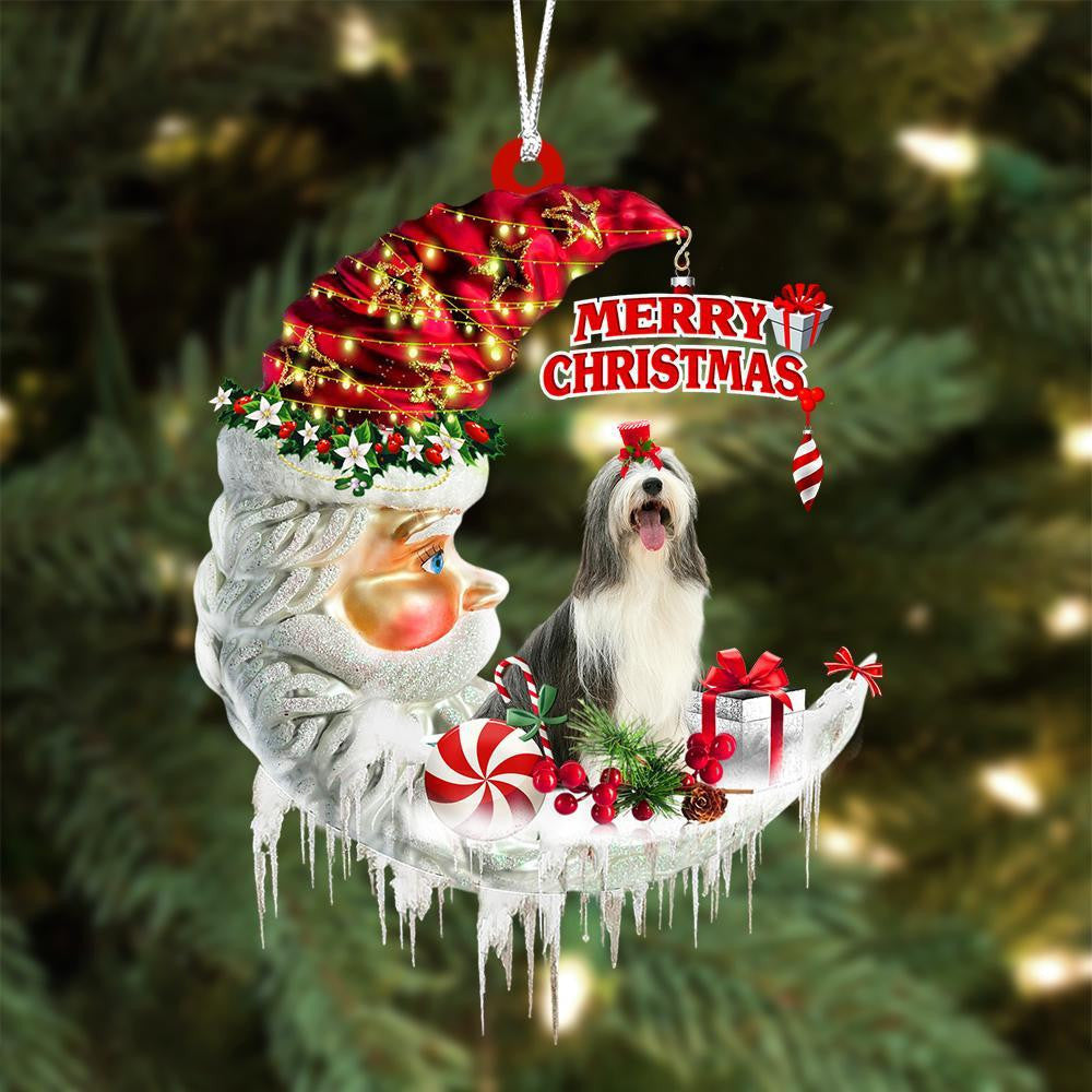 Bearded Collie On The Moon Merry Christmas Hanging Ornament Flat Acrylic Dog Ornament