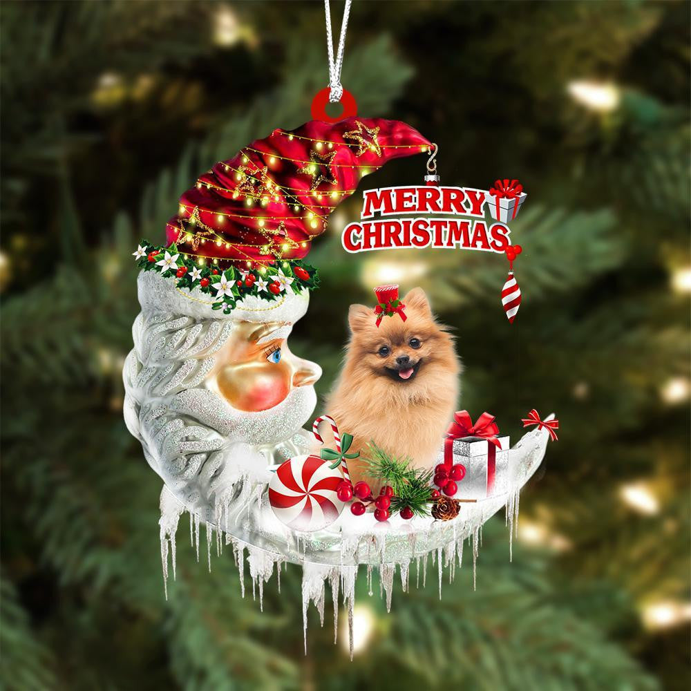 Pomeranian On The Moon Merry Christmas Hanging Ornament Flat Acrylic Dog Ornament