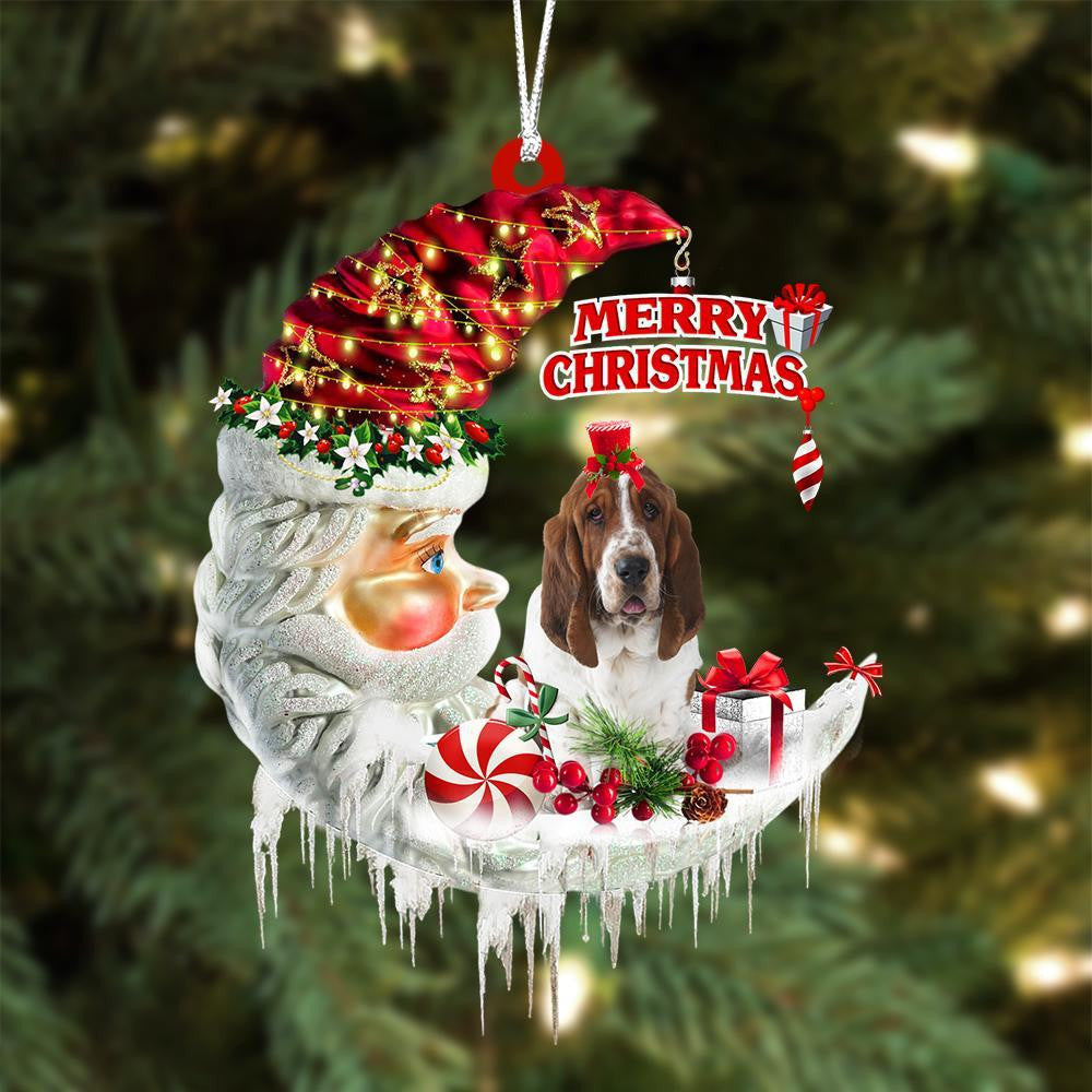 Basset Hound On The Moon Merry Christmas Hanging Ornament Flat Acrylic Dog Ornament