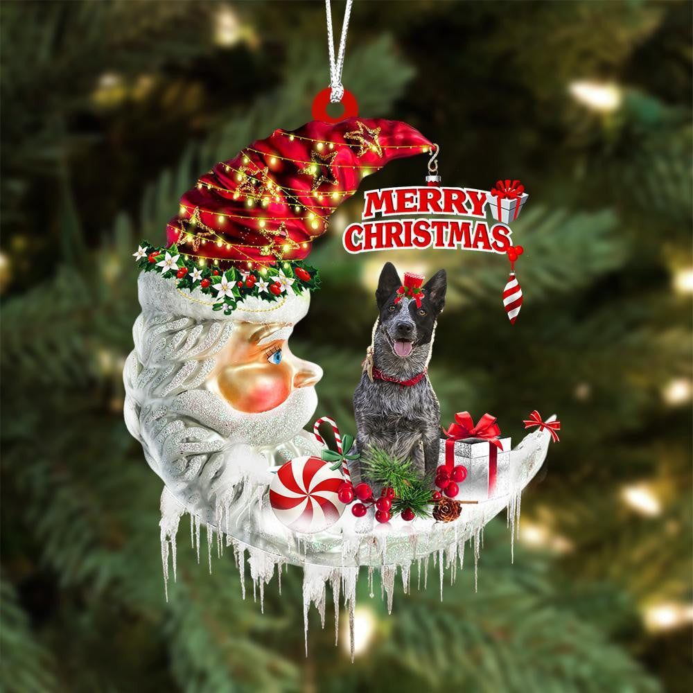 Blue Heeler On The Moon Merry Christmas Hanging Ornament Flat Acrylic Dog Ornament