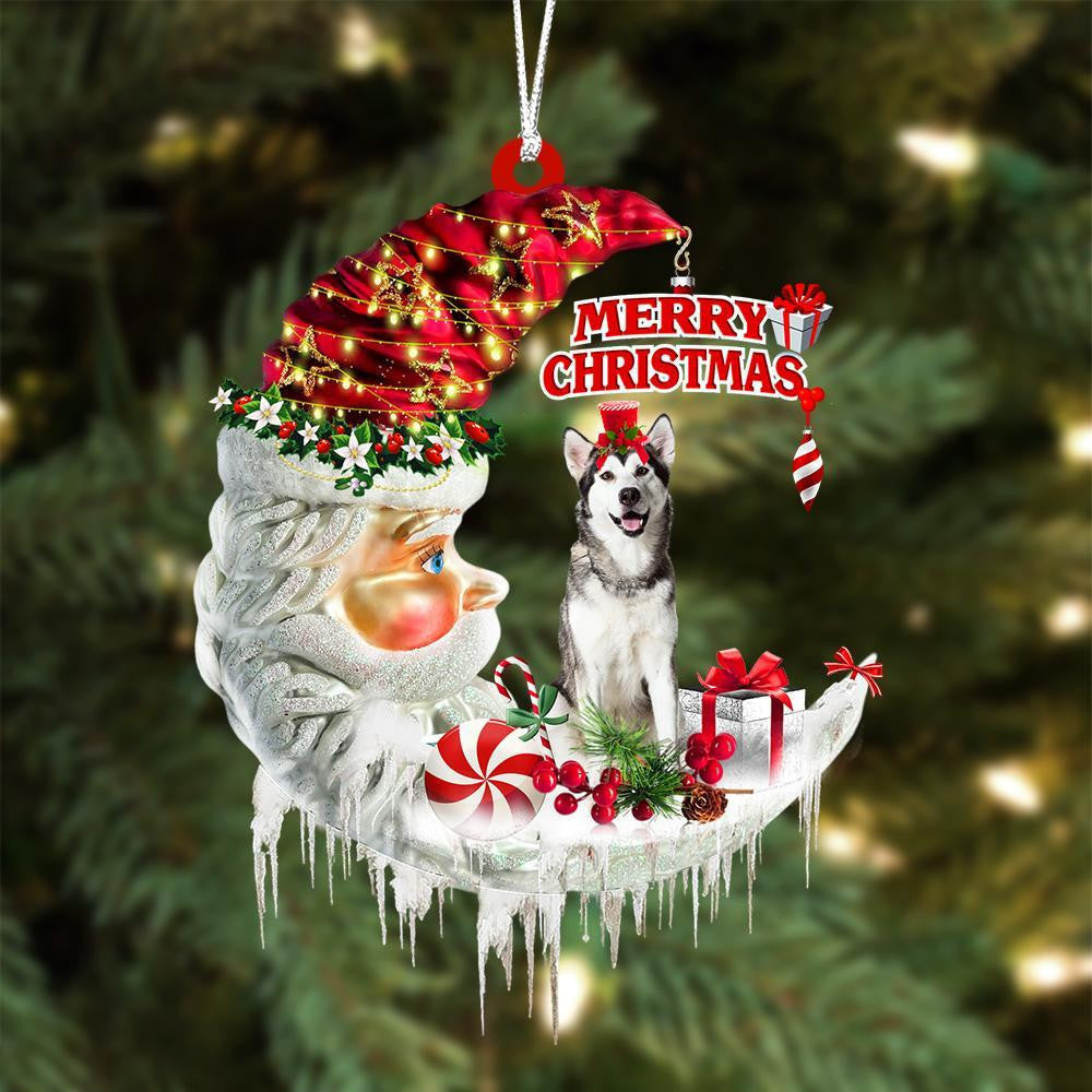 Alaskan Malamute On The Moon Merry Christmas Hanging Ornament Flat Acrylic Dog Ornament