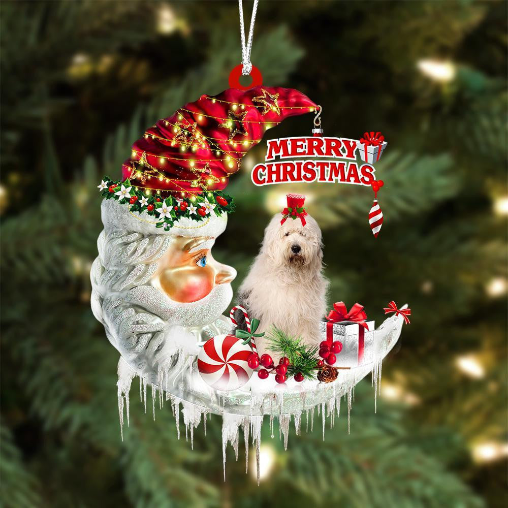 Old English Sheepdog On The Moon Merry Christmas Hanging Ornament Flat Acrylic Dog Ornament