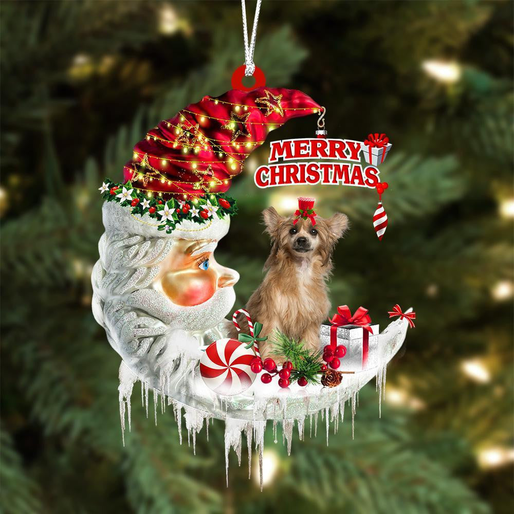 Chinese Crested On The Moon Merry Christmas Hanging Ornament Flat Acrylic Dog Ornament