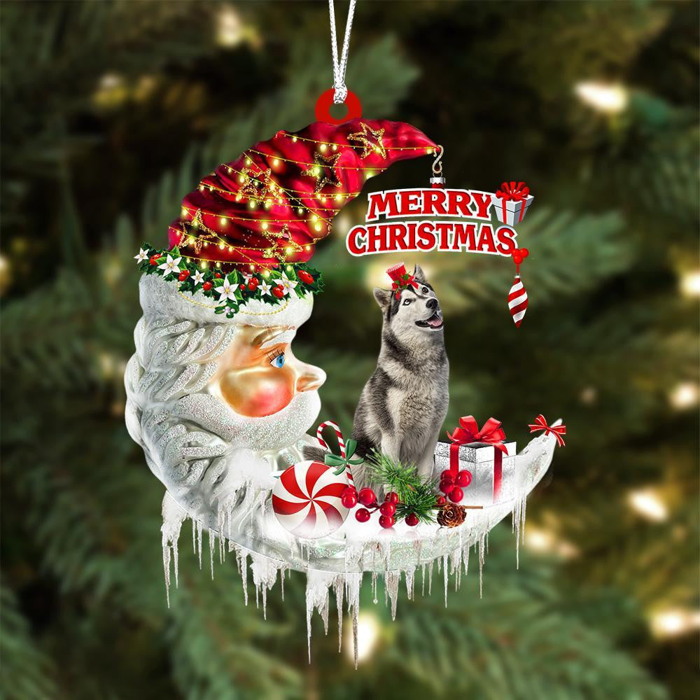 Husky On The Moon Merry Christmas Hanging Ornament Flat Acrylic Dog Ornament