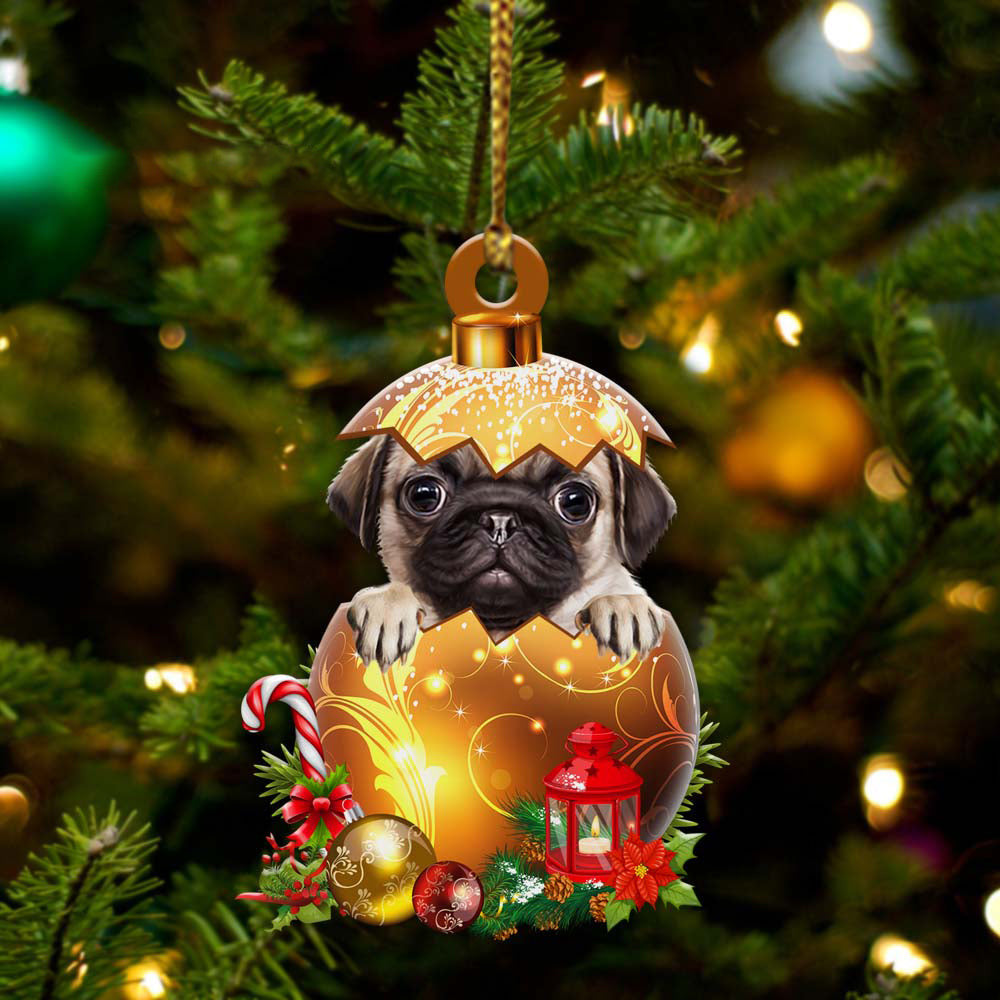 Pug in Golden Egg Christmas Ornament/ Flat Acrylic Dog Ornament