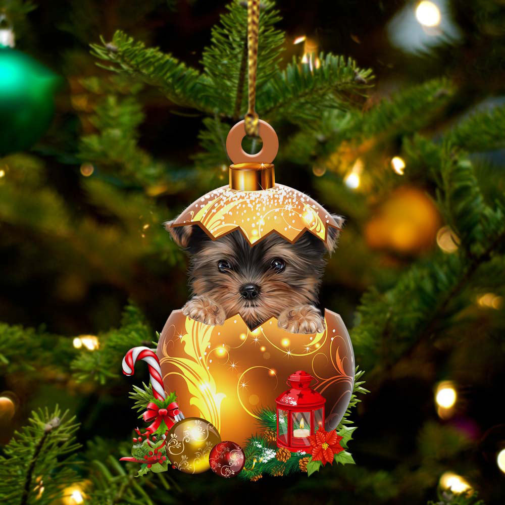 Yorkshire Terrier in Golden Egg Christmas Ornament/ Flat Acrylic Dog Ornament