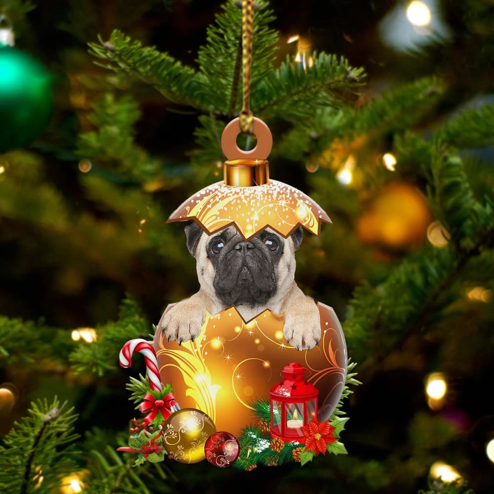 Pug In in Golden Egg Christmas Ornament/ Flat Acrylic Dog Ornament