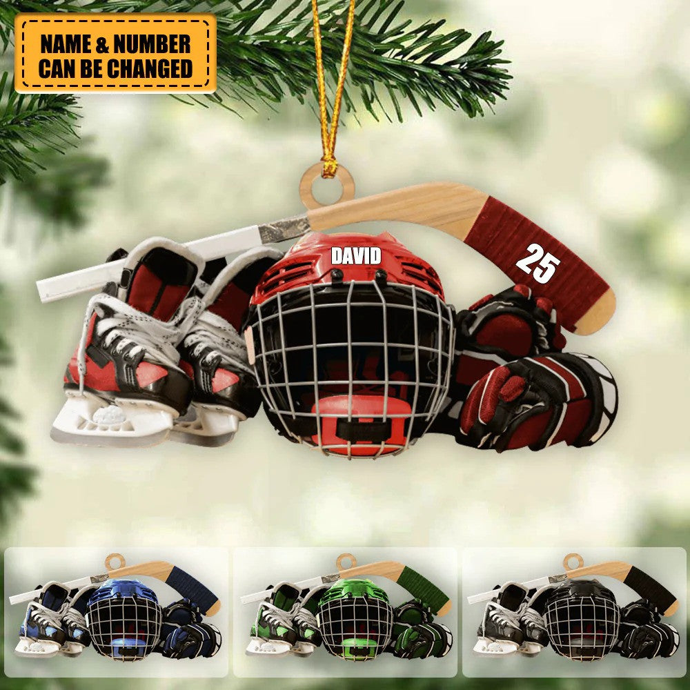 Personalized Hockey Skates Helmet And Stick Christmas Ornament/ Flat Acrylic Ornament - Gift For Hockey Lover