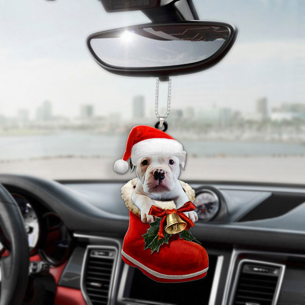 American Bulldog In Santa Boot Christmas Car Hanging Ornament