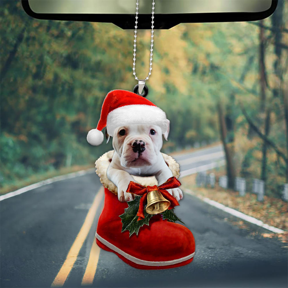 American Bulldog In Santa Boot Christmas Car Hanging Ornament