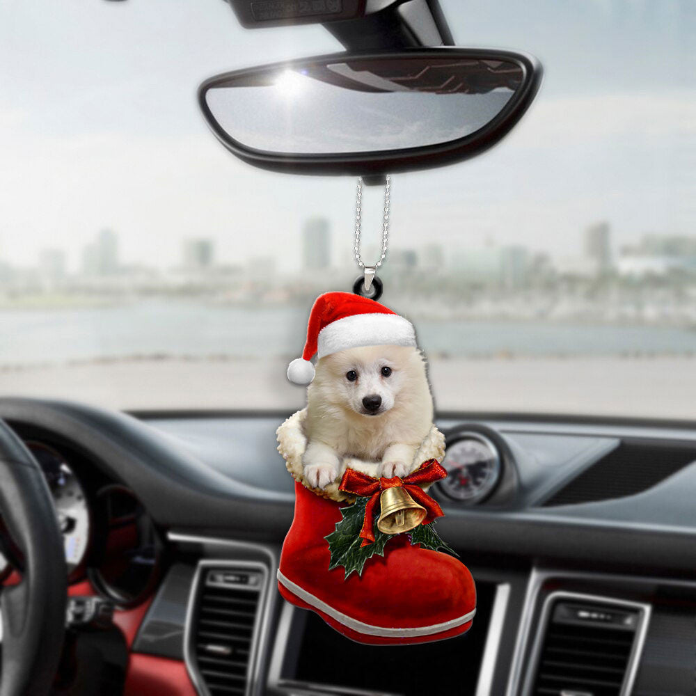American Eskimo In Santa Boot Christmas Car Hanging Ornament