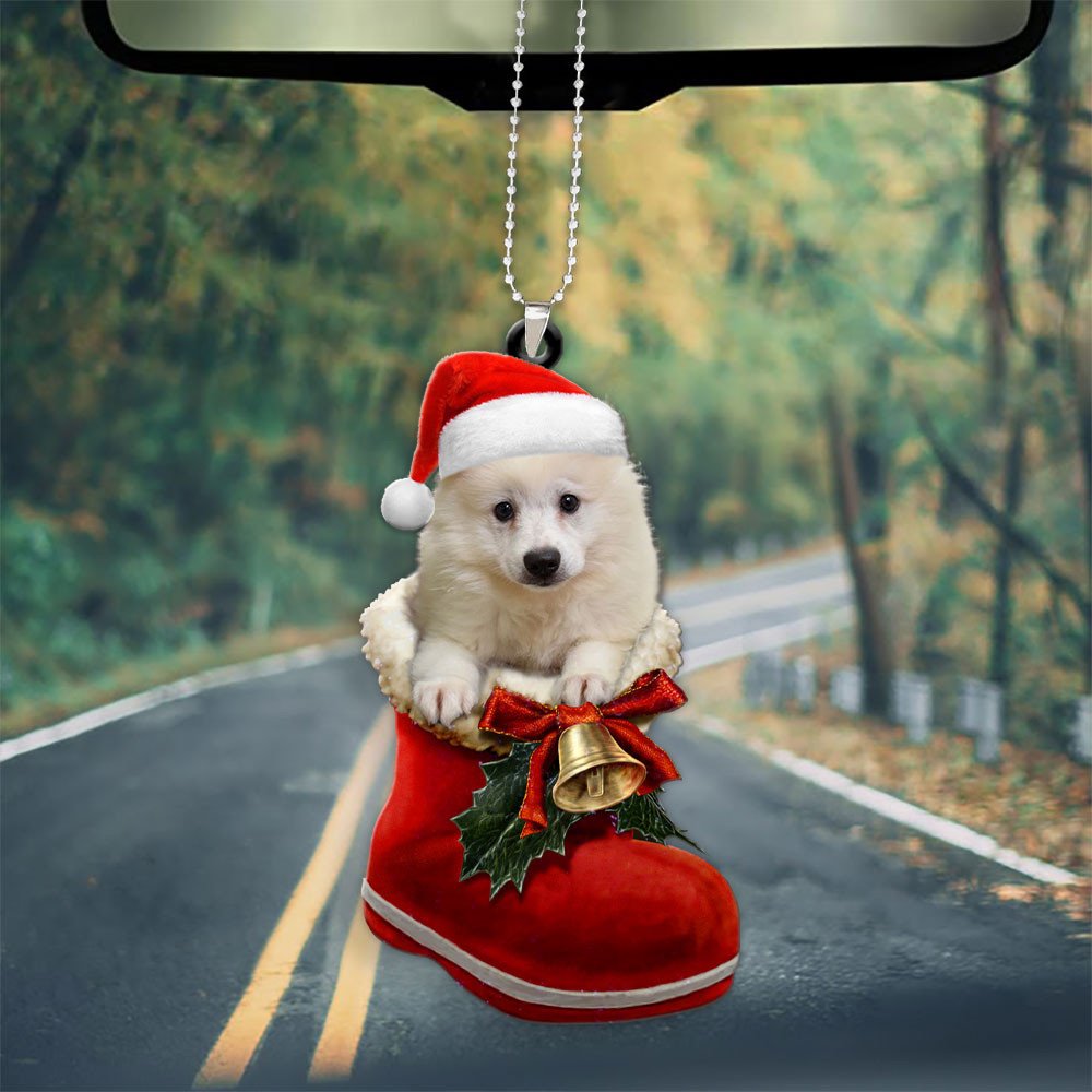 American Eskimo In Santa Boot Christmas Car Hanging Ornament