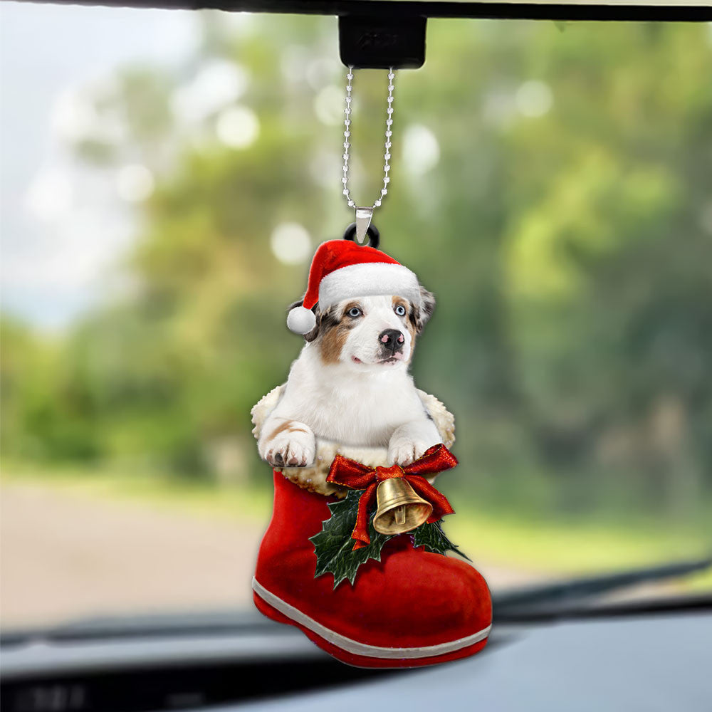 Australian Shepherd In Santa Boot Christmas Car Hanging Ornament