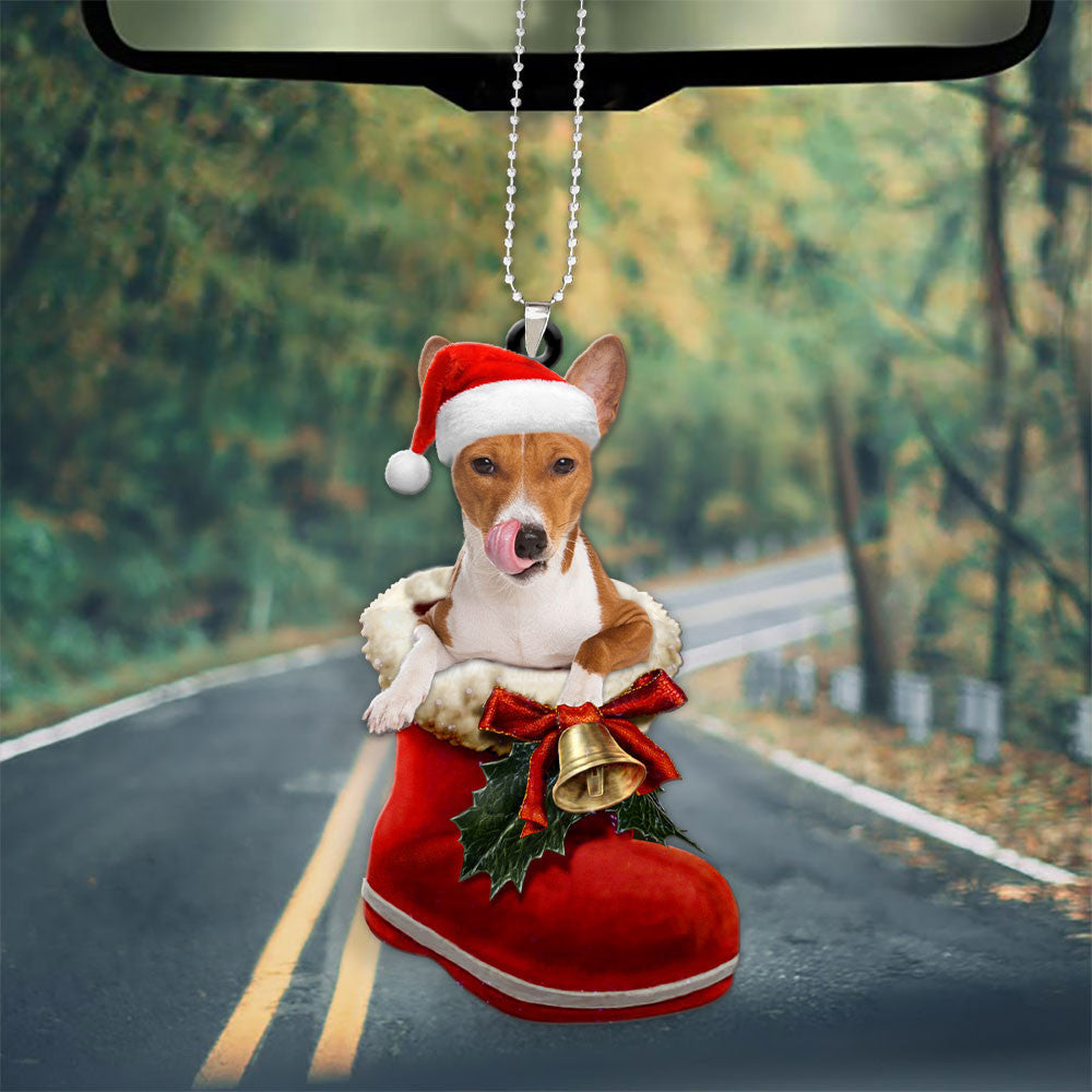 Basenji In Santa Boot Christmas Car Hanging Ornament