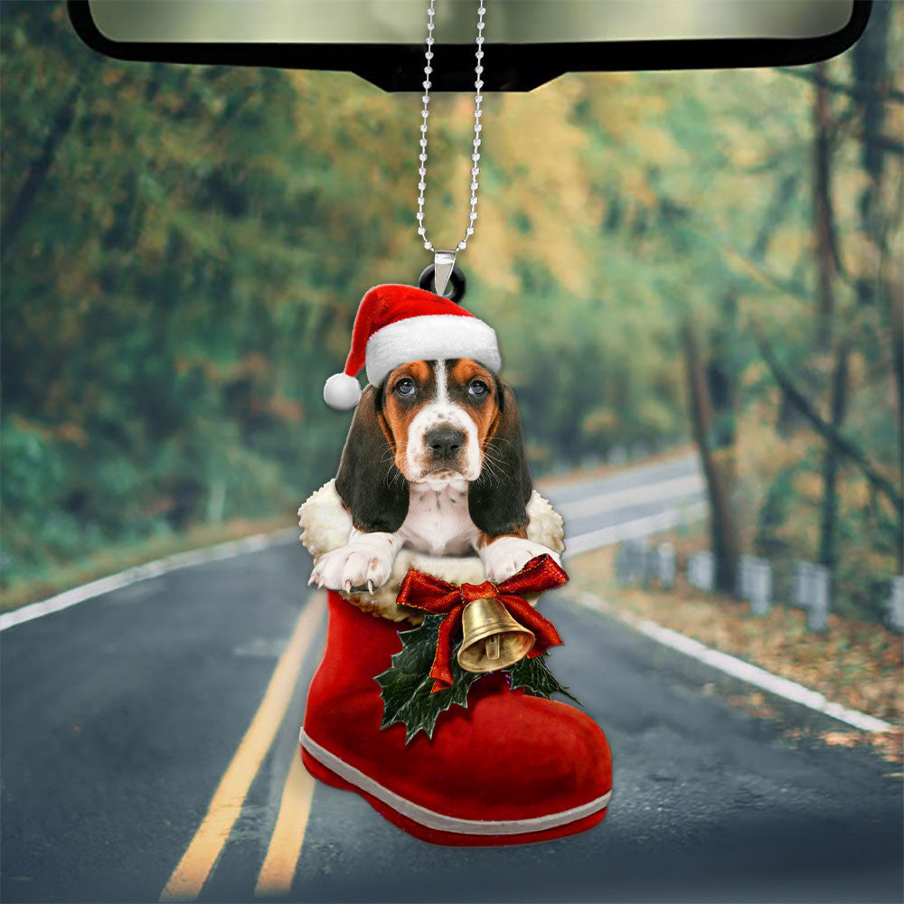 Basset Hound In Santa Boot Christmas Car Hanging Ornament