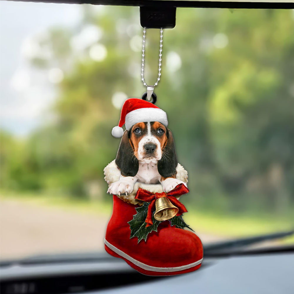 Basset Hound In Santa Boot Christmas Car Hanging Ornament