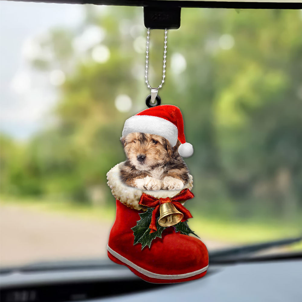 Bearded Collie In Santa Boot Christmas Car Hanging Ornament