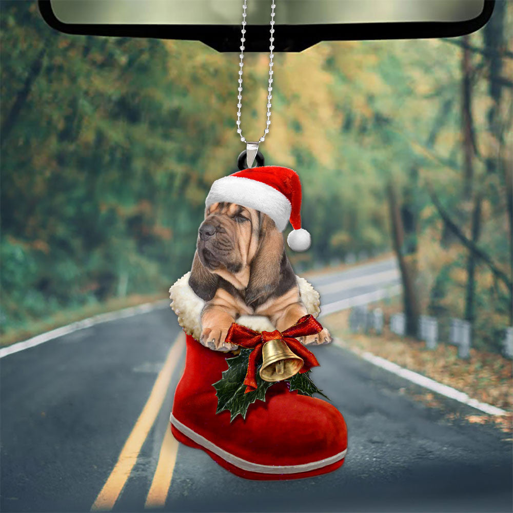 Bloodhound In Santa Boot Christmas Car Hanging Ornament